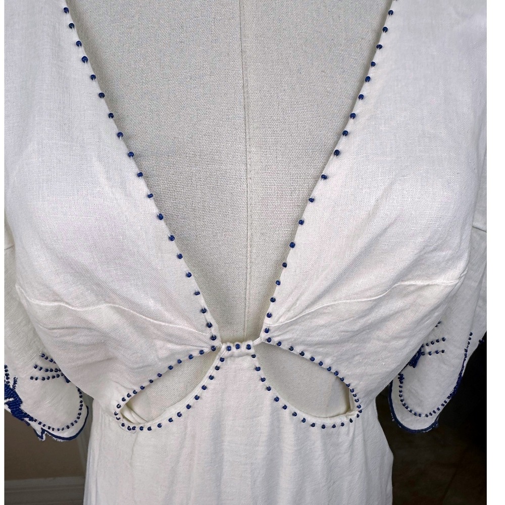 FARM Rio Sea of Fish Ankle Dress NWOT SZ Small Off-White Blue Embroidered Cutout - Picture 11 of 14